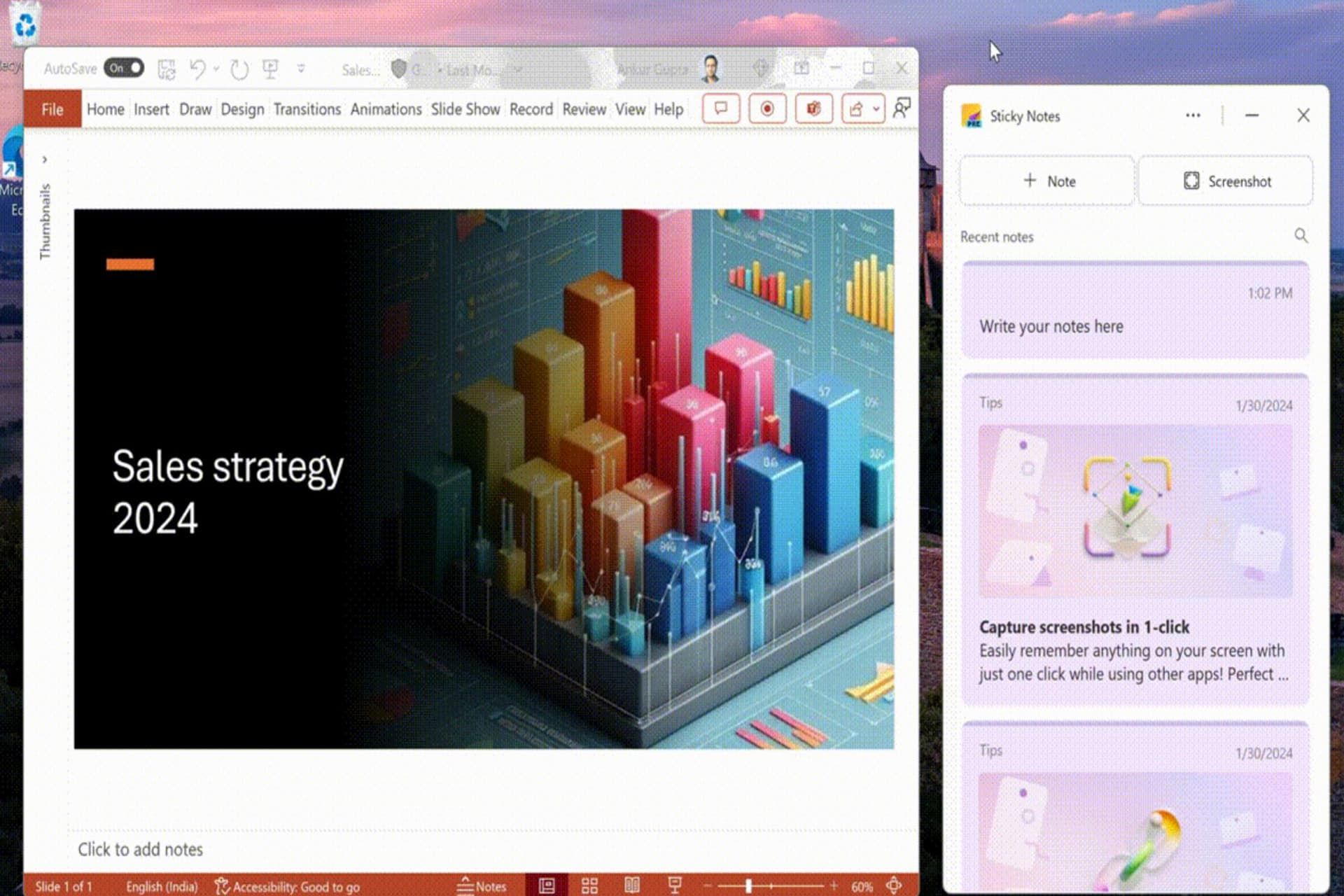 پیش نمایش نسخه‌ی جدید Sticky Notes در کنار برنامه PowerPoint