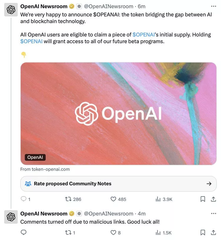 هک اکانت رسمی OpenAI در ایکس برای تبلیغ توکن جعلی $OPENAI؛ سابقه تکرار کلاهبرداریهای ارز دیجیتال